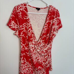 TALBOTS Wrap Shirt Womens Petite M Coral Stretch Knit Short Sleeve V-Neck